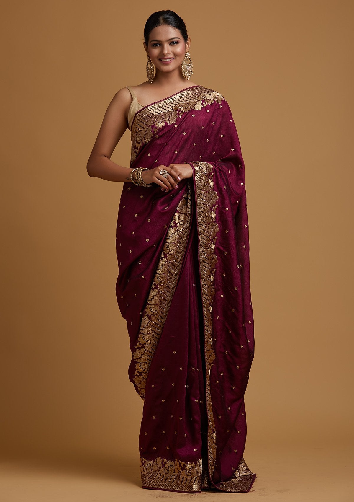 Wine Zariwork Art Silk Designer Saree - koskii