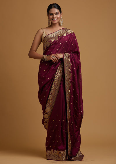 Wine Zariwork Art Silk Designer Saree - koskii
