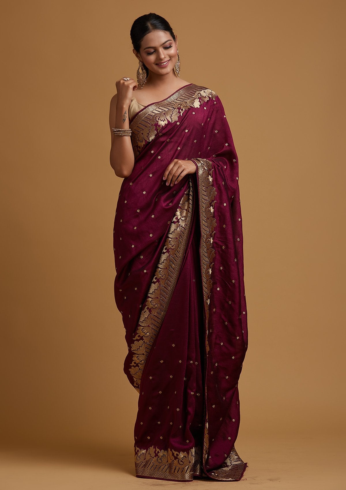 Wine Zariwork Art Silk Designer Saree - koskii