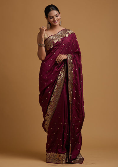 Wine Zariwork Art Silk Designer Saree - koskii