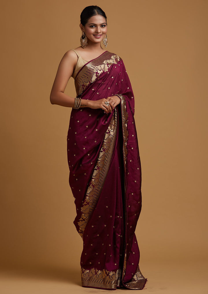 Wine Zariwork Art Silk Designer Saree - koskii