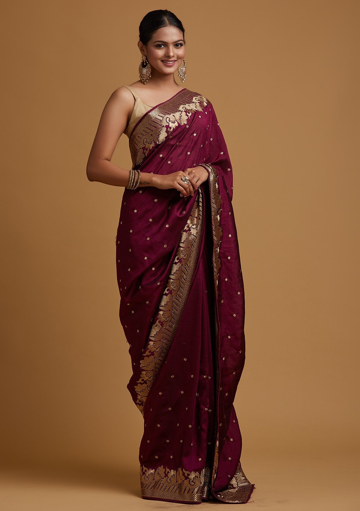 Wine Zariwork Art Silk Designer Saree - koskii