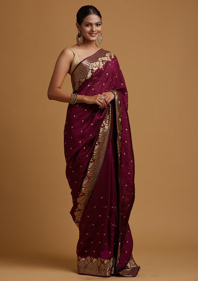 Wine Zariwork Art Silk Designer Saree - koskii