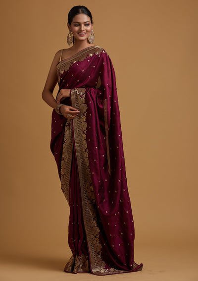 Wine Zariwork Art Silk Designer Saree - koskii