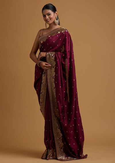 Wine Zariwork Art Silk Designer Saree - koskii
