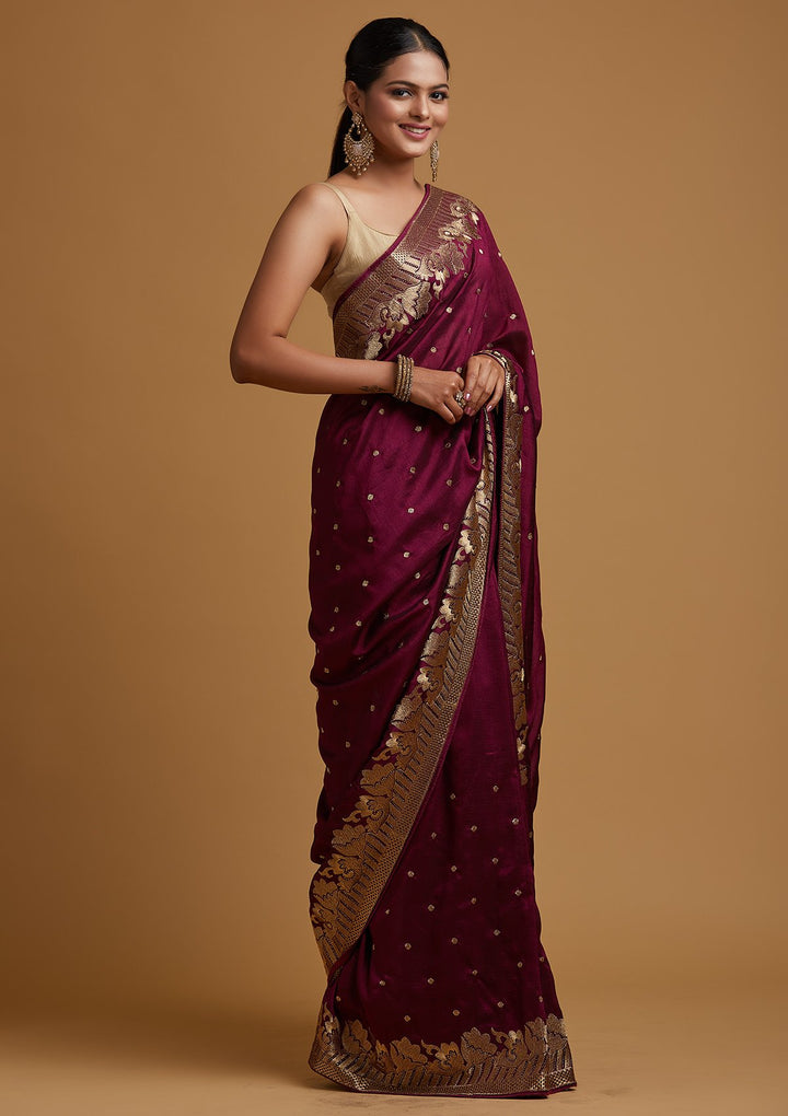 Wine Zariwork Art Silk Designer Saree - koskii
