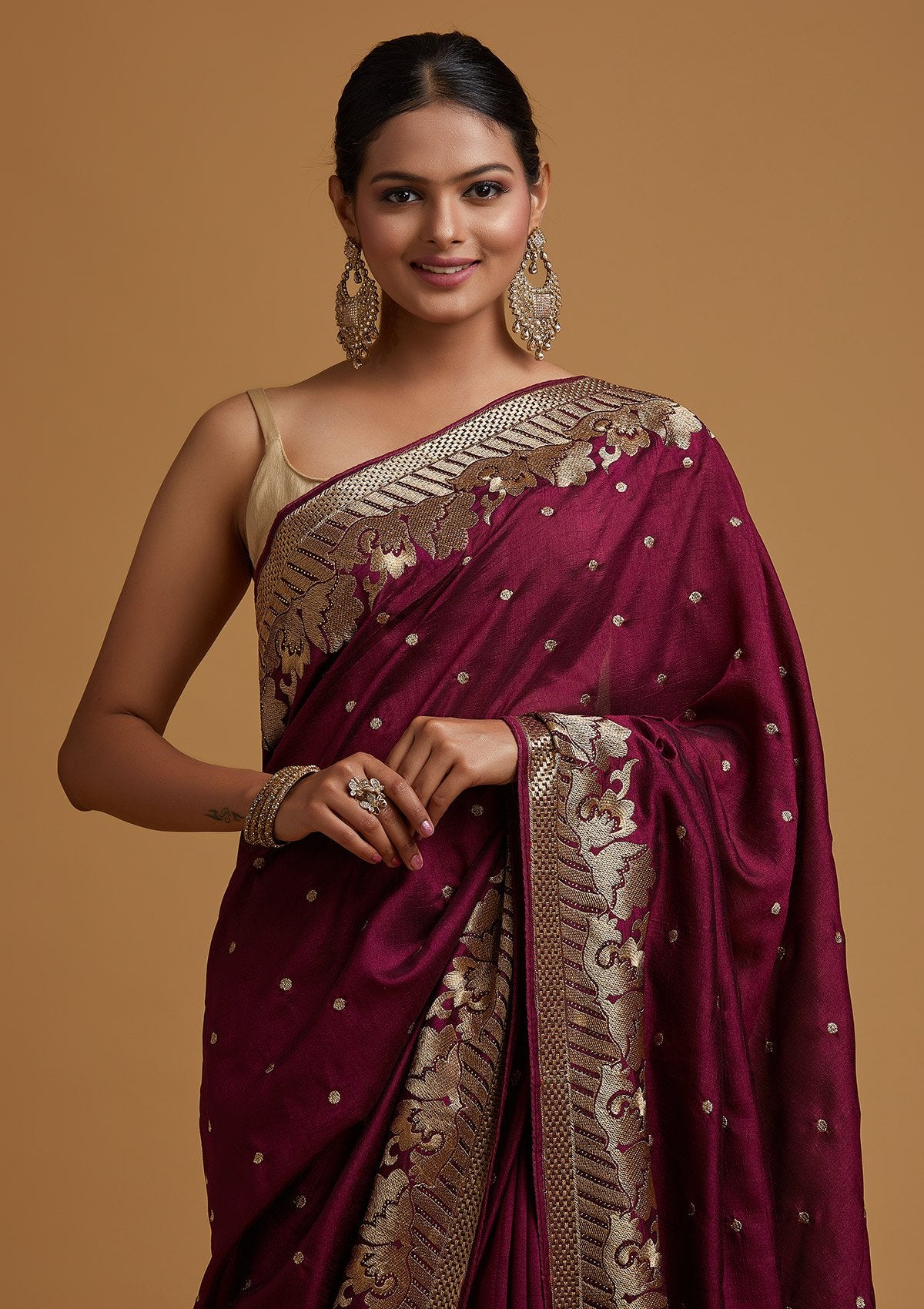 Wine Zariwork Art Silk Designer Saree - koskii