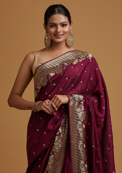 Wine Zariwork Art Silk Designer Saree - koskii