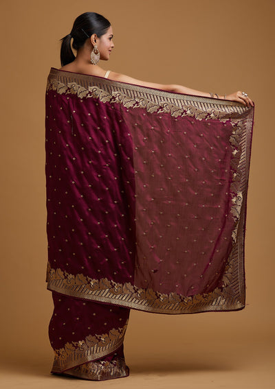 Wine Zariwork Art Silk Designer Saree - koskii