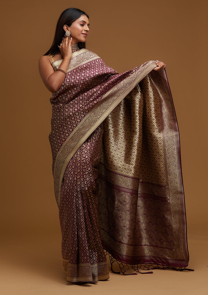 Wine Zariwork Art Silk Designer Saree - Koskii
