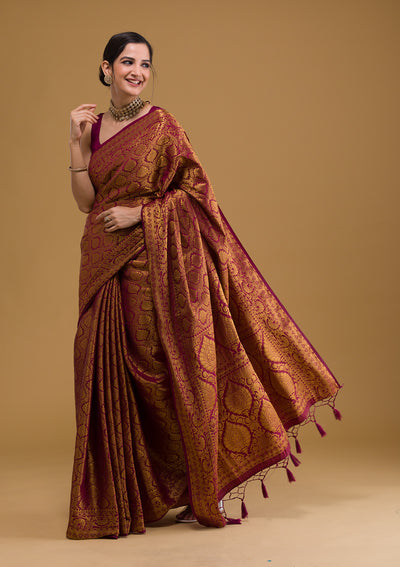 Wine Zariwork Banarasi Silk Designer Saree-Koskii