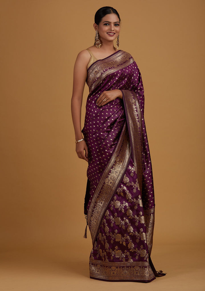 Wine Zariwork Banarasi Designer Saree - Koskii
