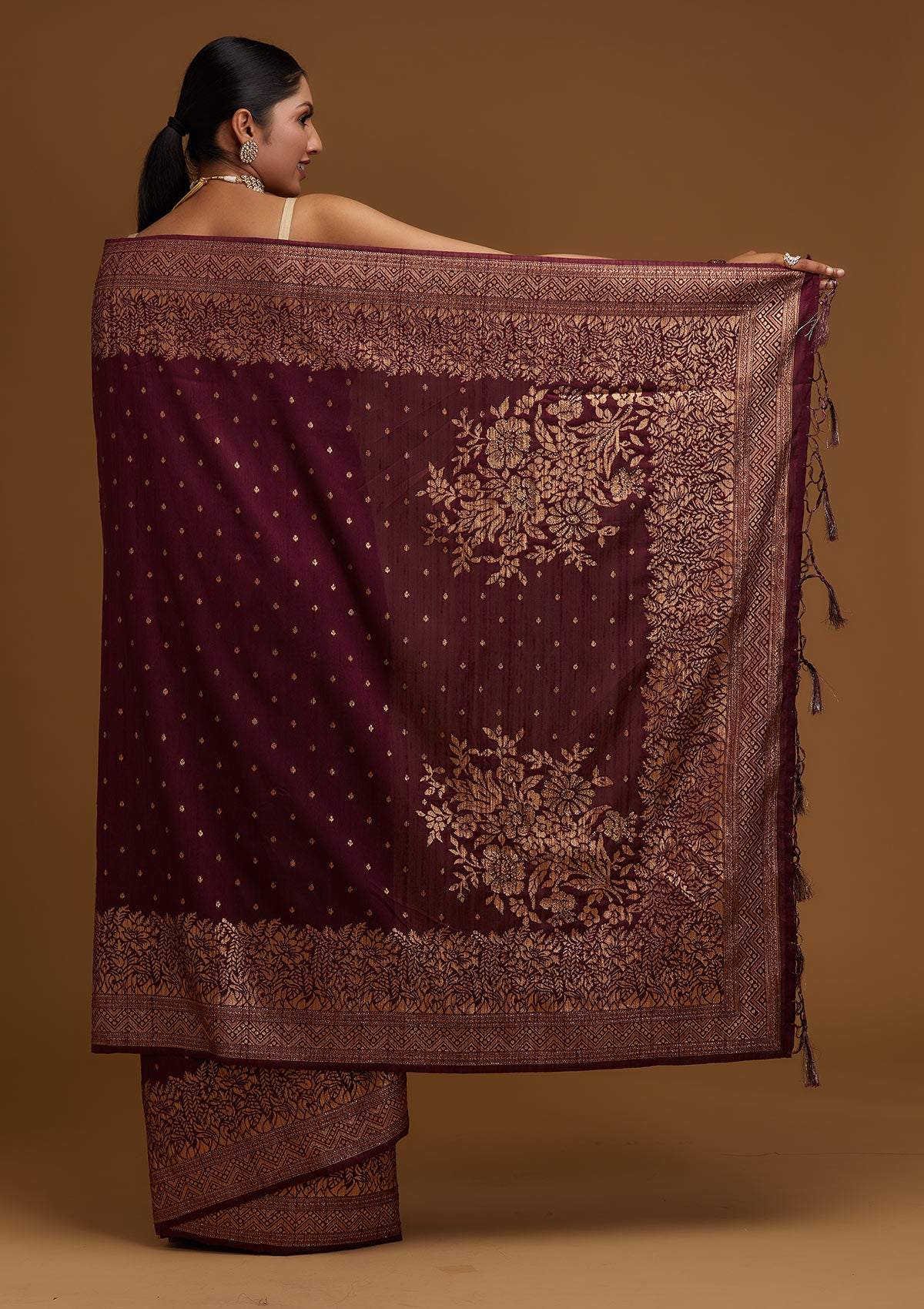 Wine Zariwork Banarasi Designer Saree - Koskii