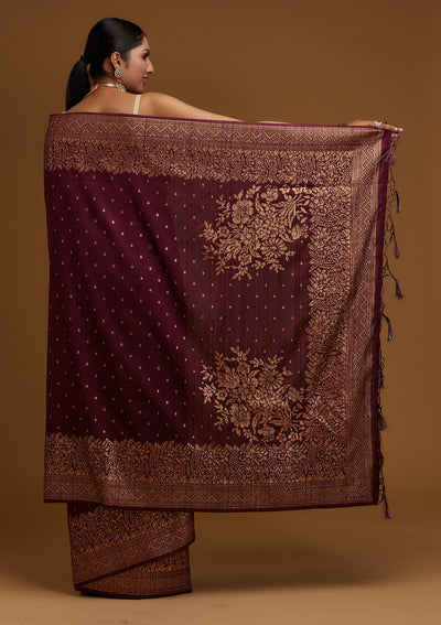 Wine Zariwork Banarasi Designer Saree - Koskii