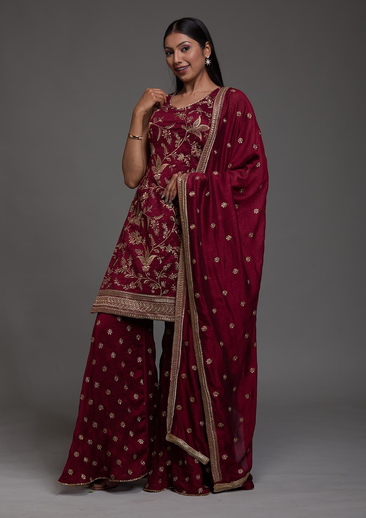 Wine Zariwork Raw Silk Designer Salwar Suit-Koskii