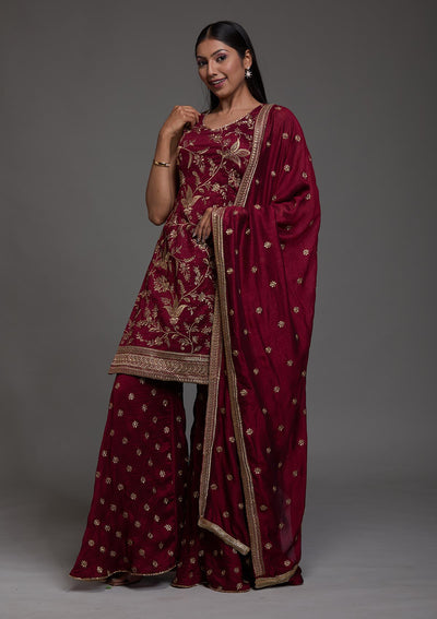 Wine Zariwork Raw Silk Designer Salwar Suit-Koskii