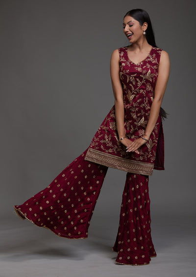 Wine Zariwork Raw Silk Designer Salwar Suit-Koskii