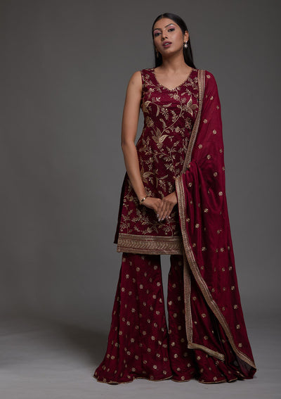 Wine Zariwork Raw Silk Designer Salwar Suit-Koskii