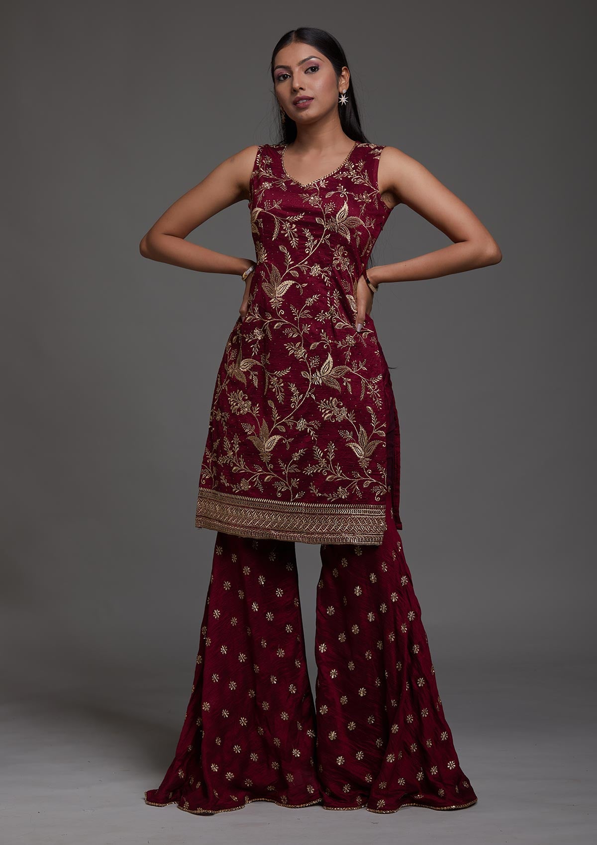 Wine Zariwork Raw Silk Designer Salwar Suit-Koskii
