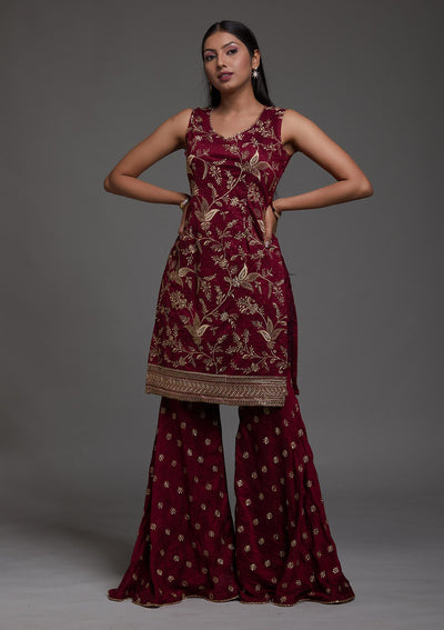 Wine Zariwork Raw Silk Designer Salwar Suit-Koskii