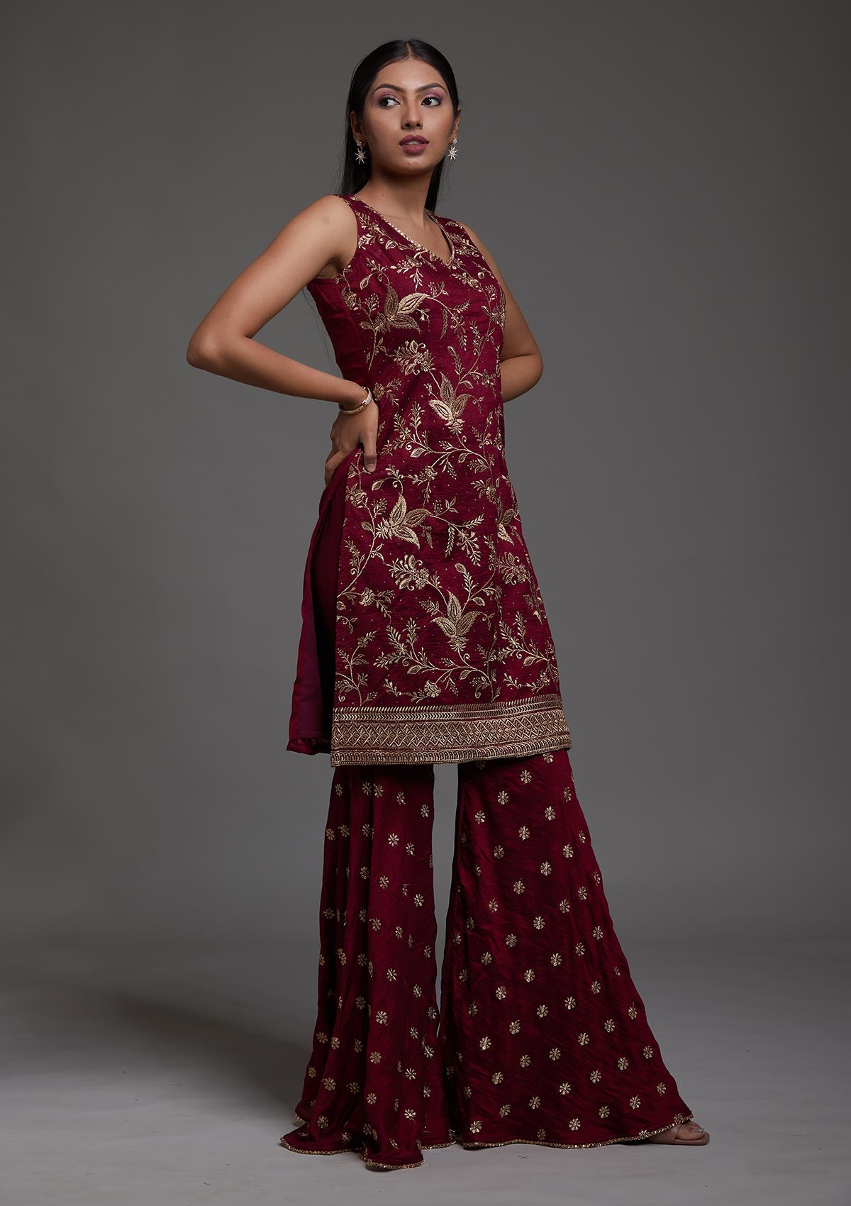 Wine Zariwork Raw Silk Designer Salwar Suit-Koskii