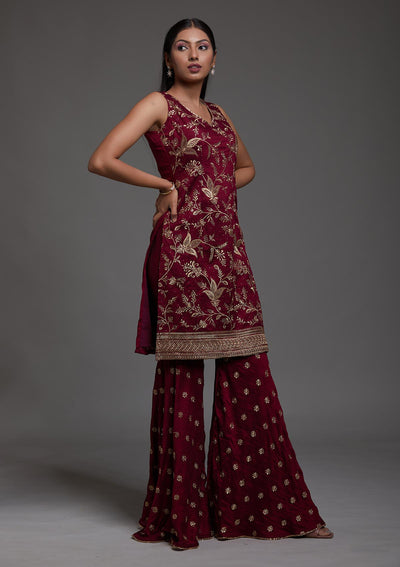 Wine Zariwork Raw Silk Designer Salwar Suit-Koskii
