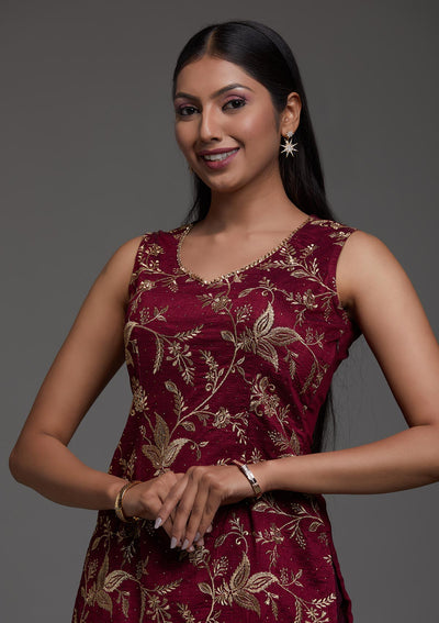 Wine Zariwork Raw Silk Designer Salwar Suit-Koskii
