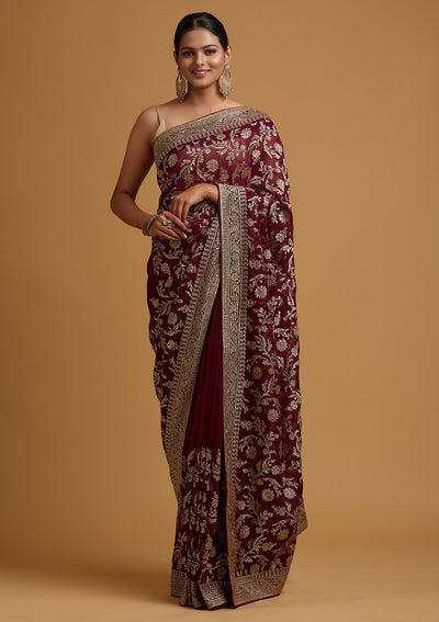 Wine Zariwork Georgette Designer Saree - koskii