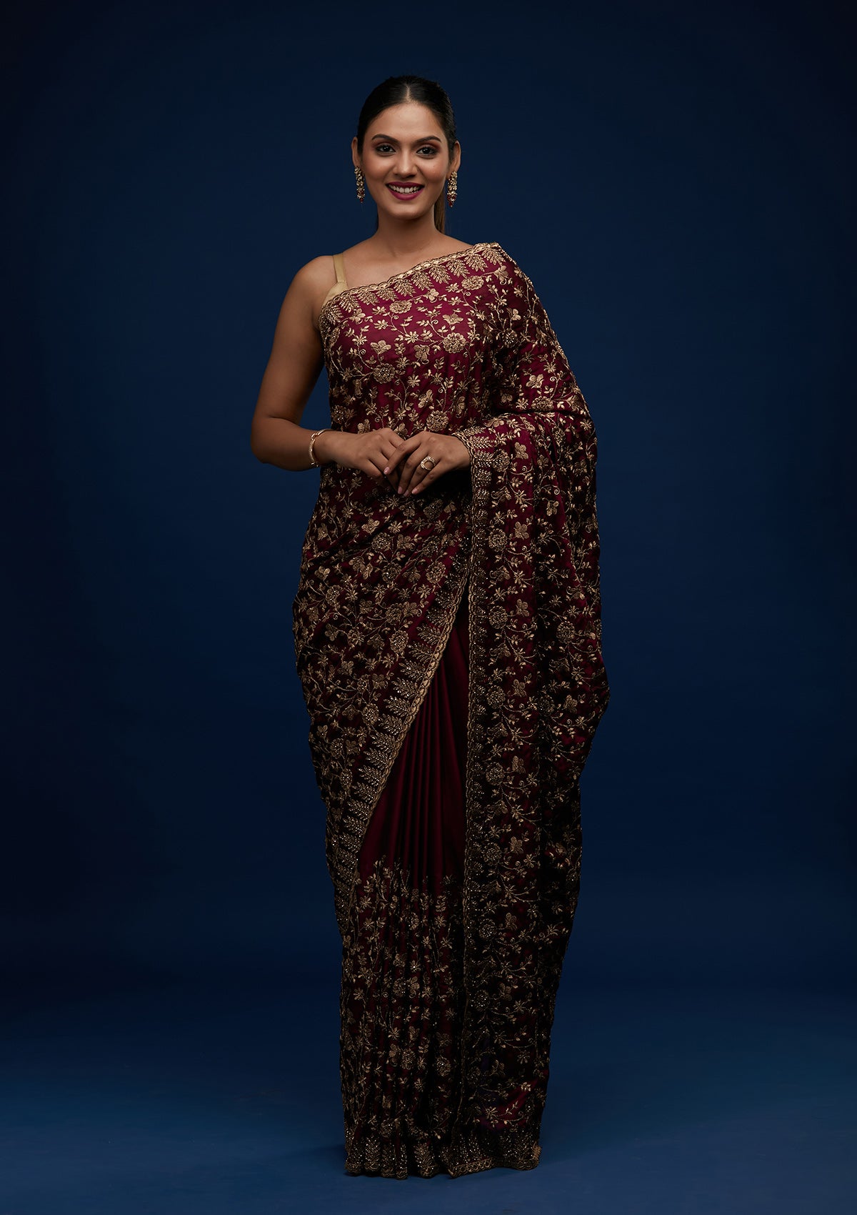 Wine Zariwork Georgette Designer Saree - Koskii