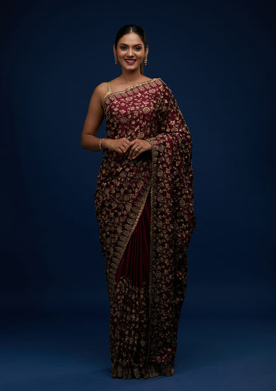 Wine Zariwork Georgette Designer Saree - Koskii