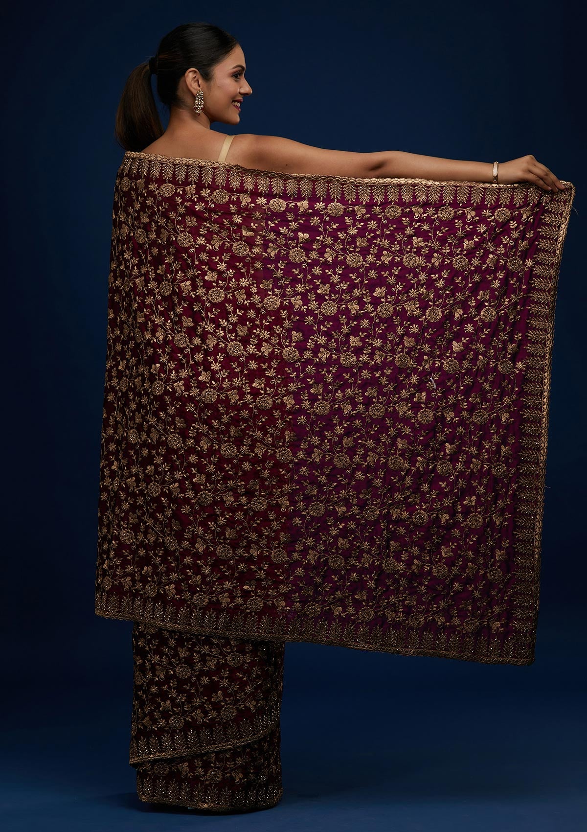 Wine Zariwork Georgette Designer Saree - Koskii