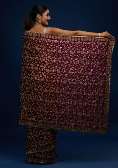 Wine Zariwork Georgette Designer Saree - Koskii