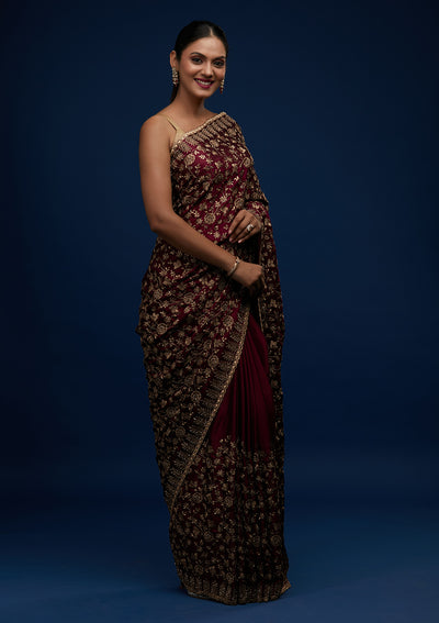 Wine Zariwork Georgette Designer Saree - Koskii