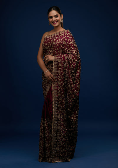 Wine Zariwork Georgette Designer Saree - Koskii