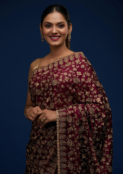 Wine Zariwork Georgette Designer Saree - Koskii