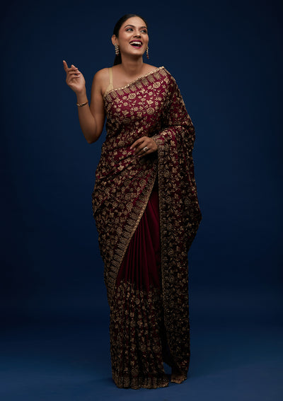 Wine Zariwork Georgette Designer Saree - Koskii