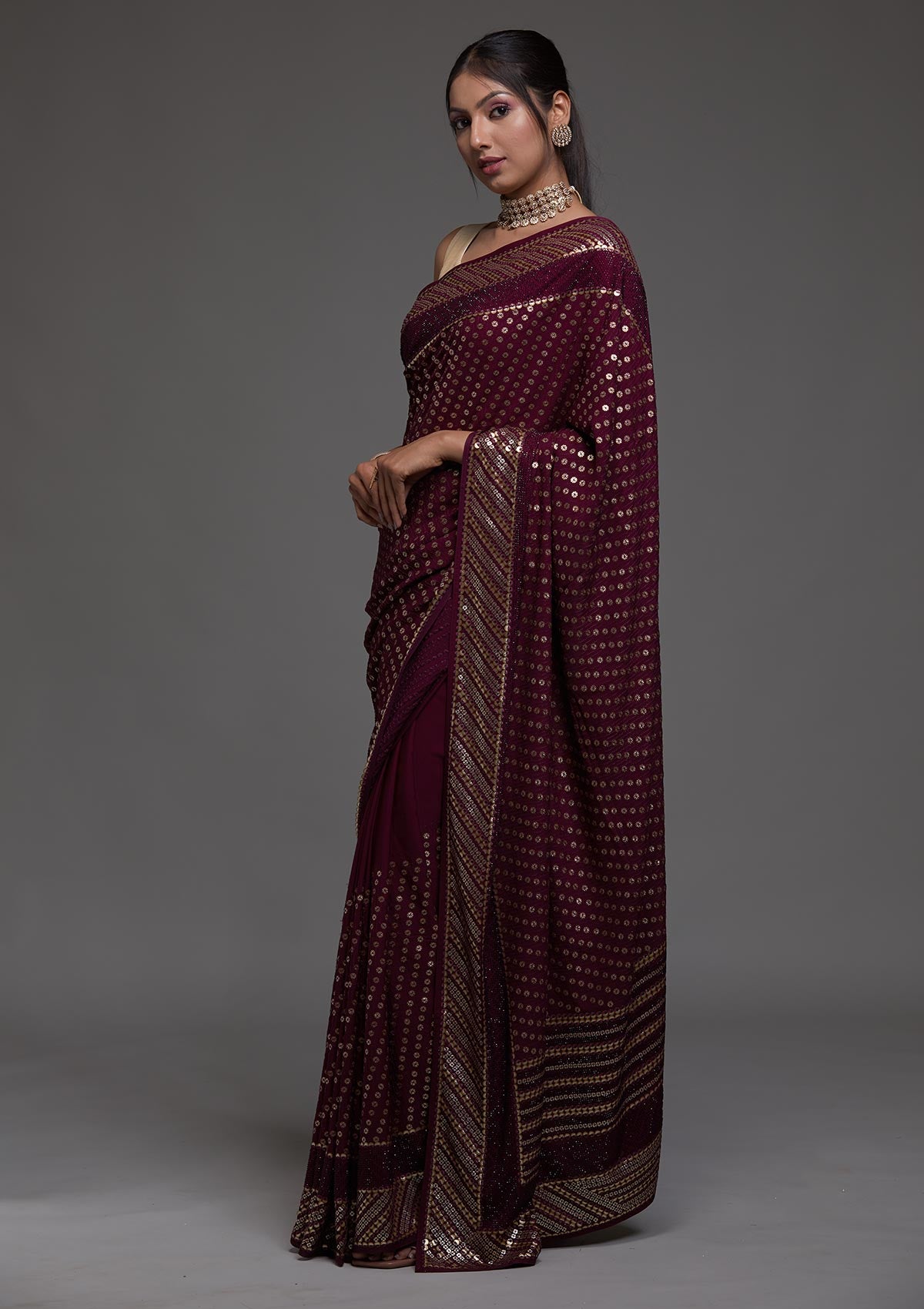 Wine Zariwork Georgette Saree-Koskii
