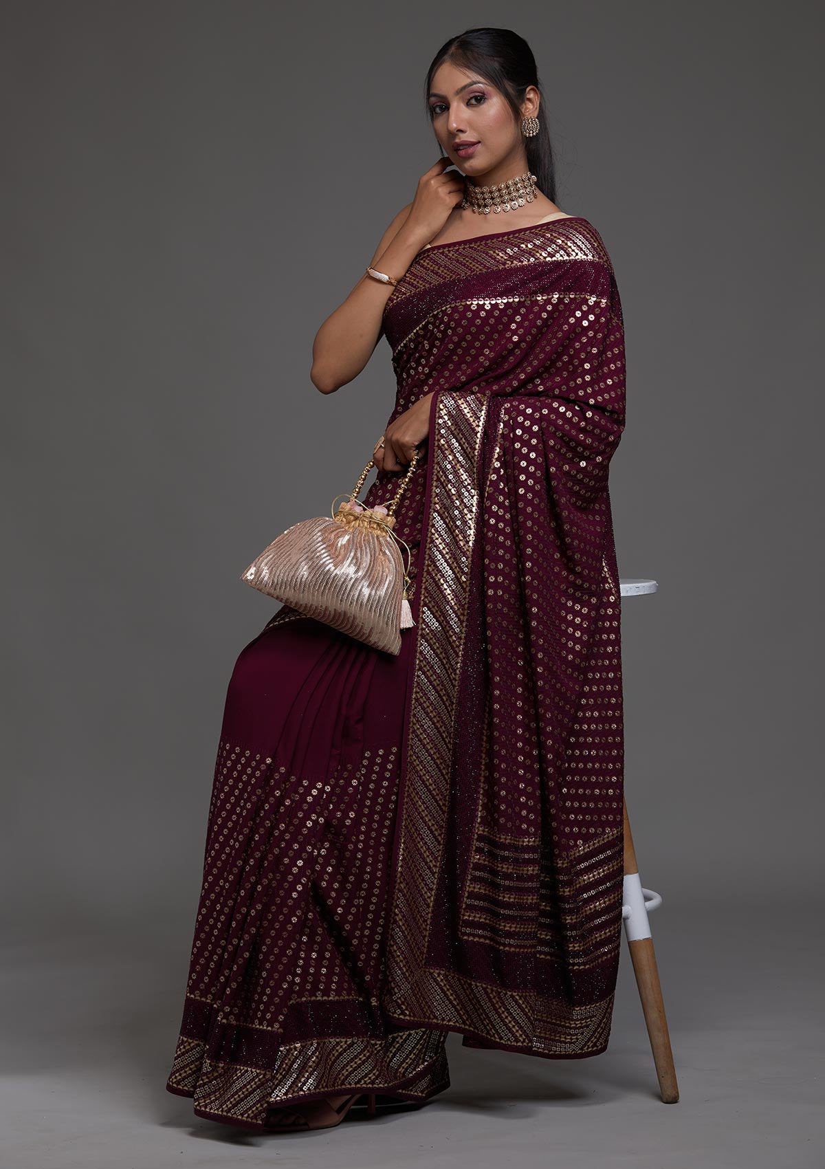 Wine Zariwork Georgette Saree-Koskii