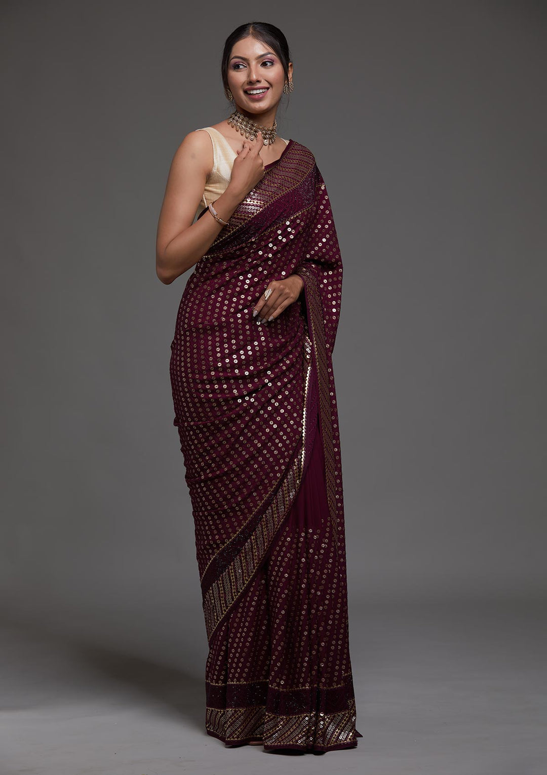 Wine Zariwork Georgette Saree-Koskii