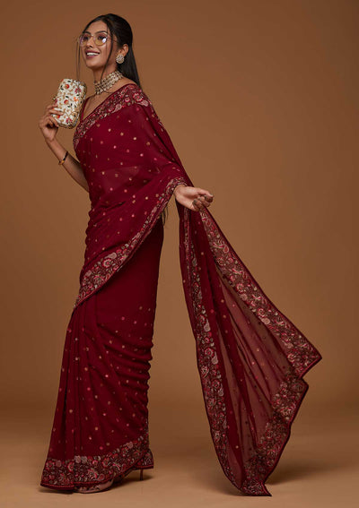 Wine Zariwork Georgette Saree - Koskii