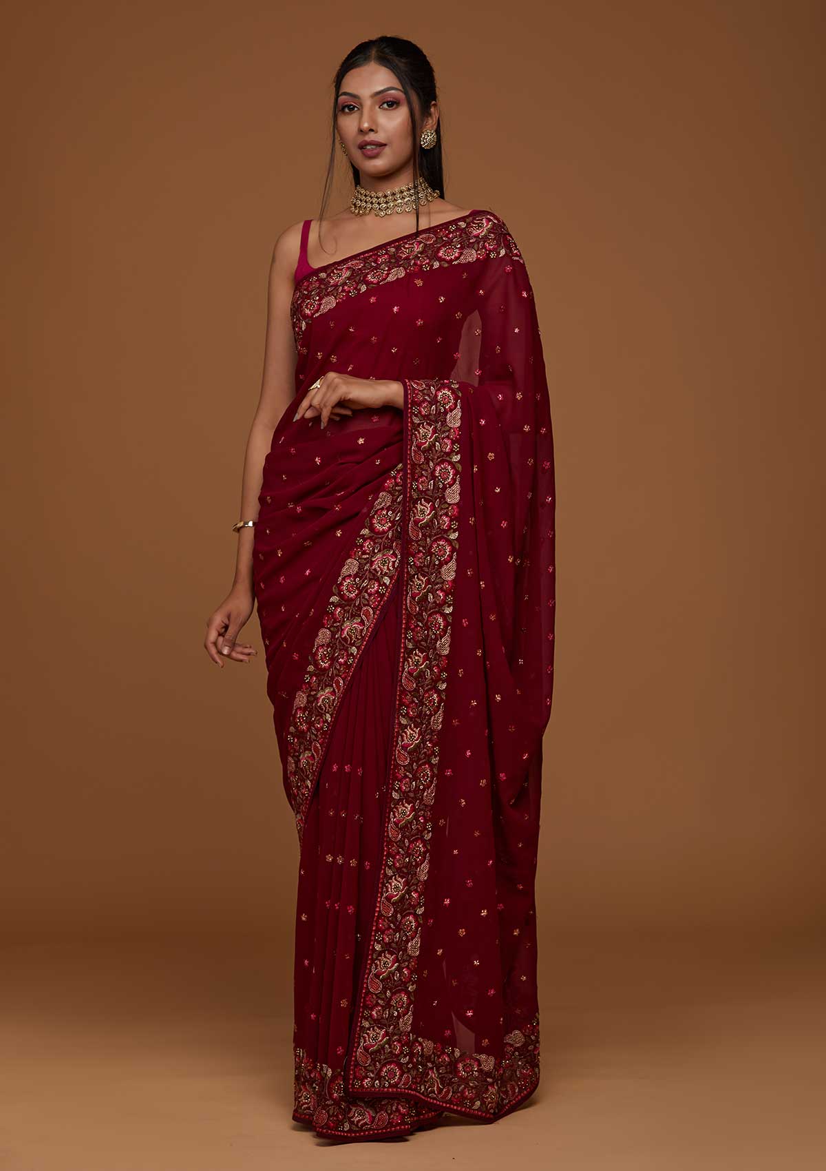 Wine Zariwork Georgette Saree-Koskii
