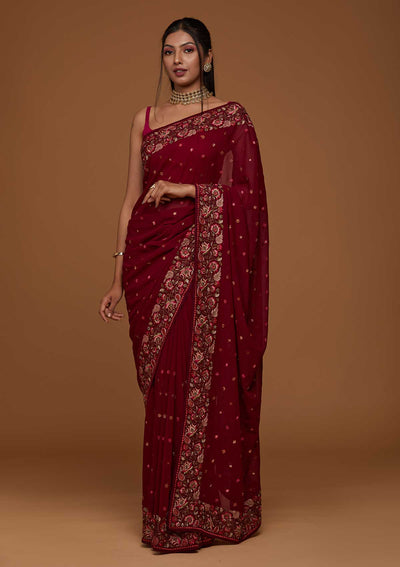Wine Zariwork Georgette Saree-Koskii