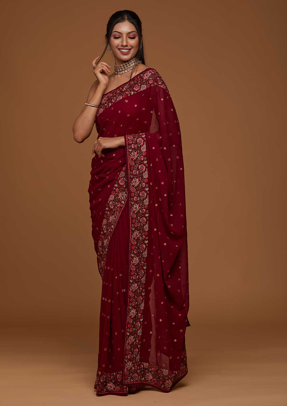 Buy Wine Threadwork Georgette Designer Saree - Koskii