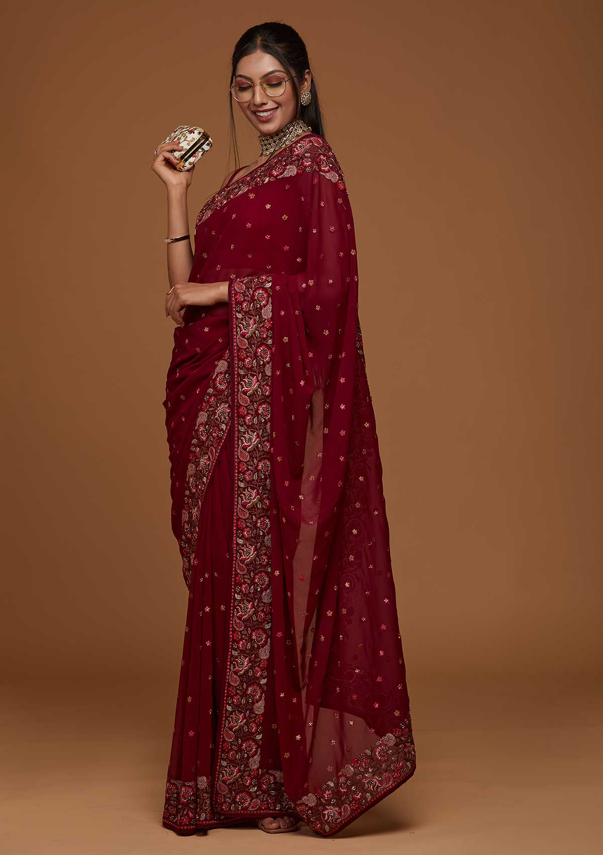Wine Zariwork Georgette Saree-Koskii
