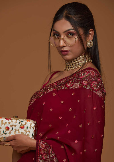 Wine Zariwork Georgette Saree-Koskii