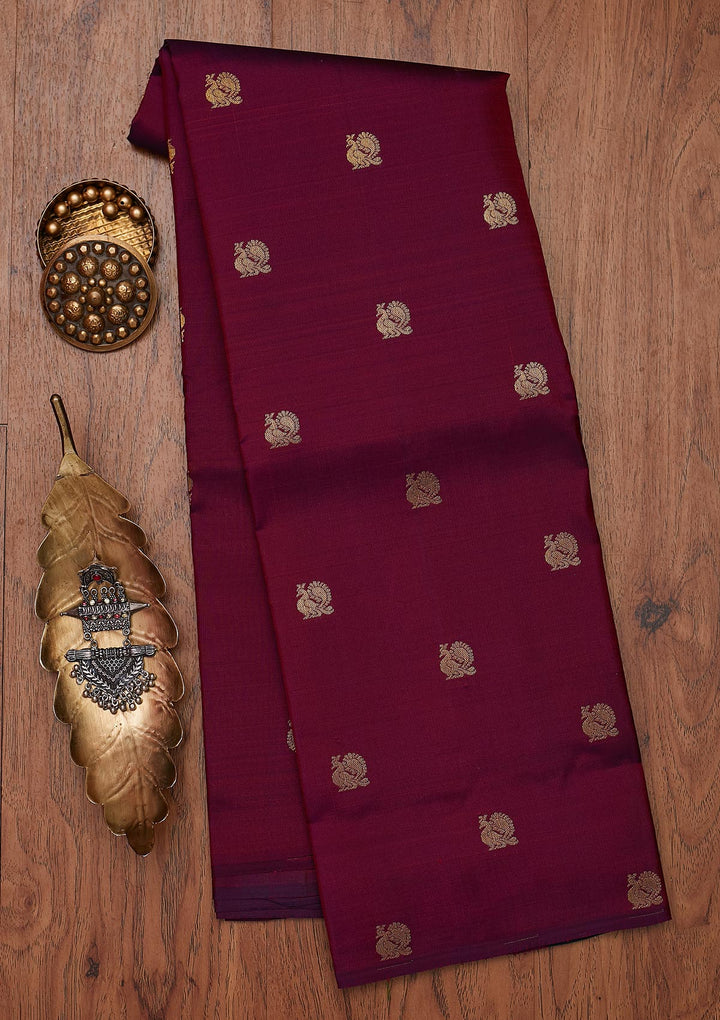 Wine Zariwork Pure Silk Designer Unstitched Saree - Koskii
