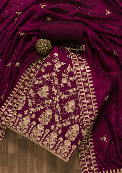 Wine Zariwork Raw Silk Unstitched Salwar Suit-Koskii