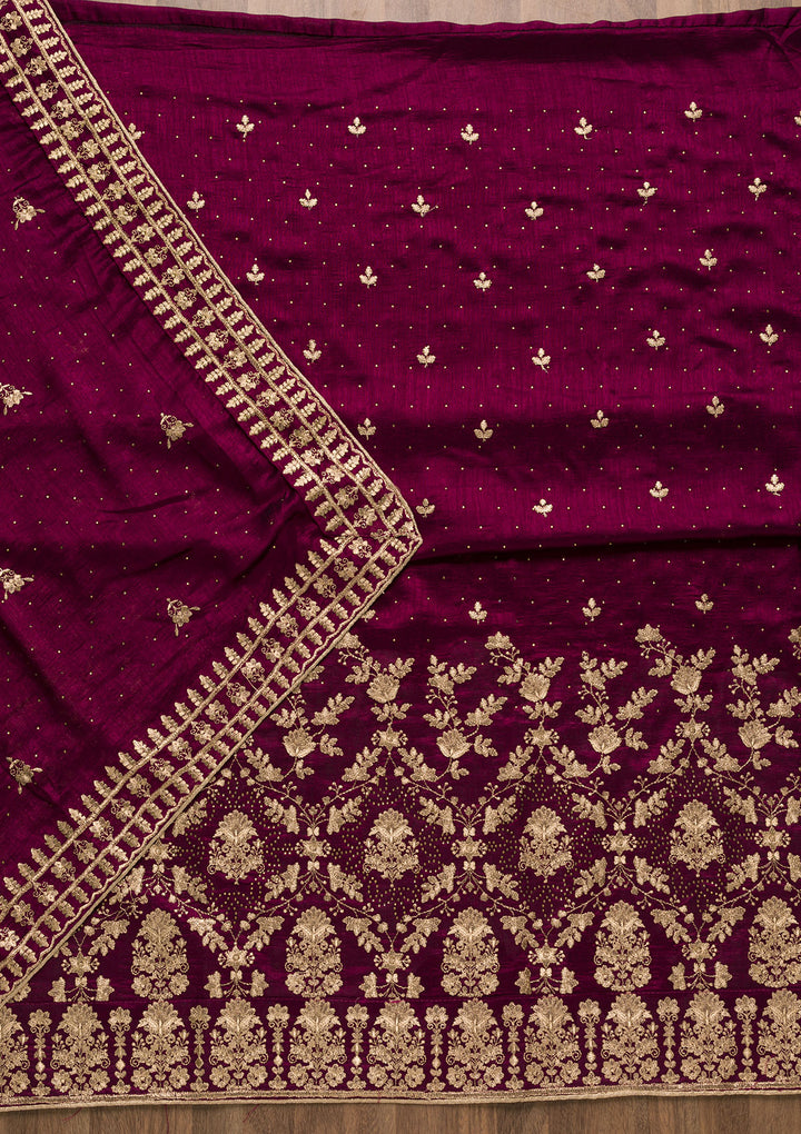 Wine Zariwork Raw Silk Unstitched Salwar Suit-Koskii
