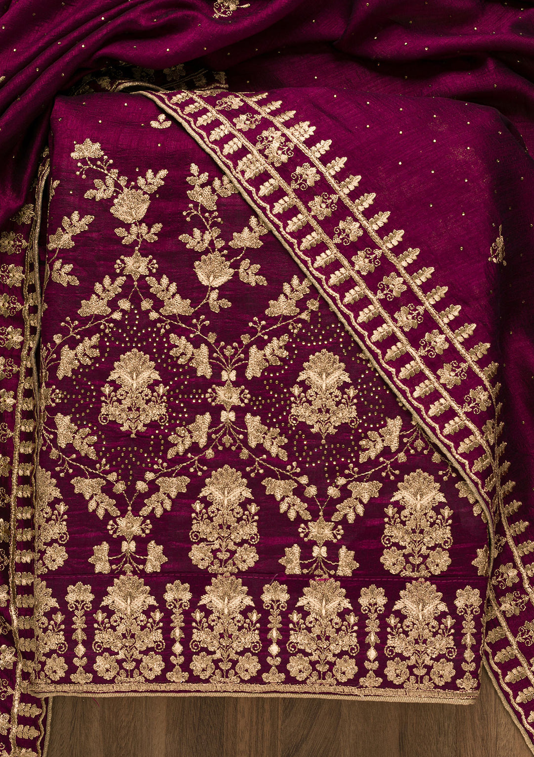 Wine Zariwork Raw Silk Unstitched Salwar Suit-Koskii
