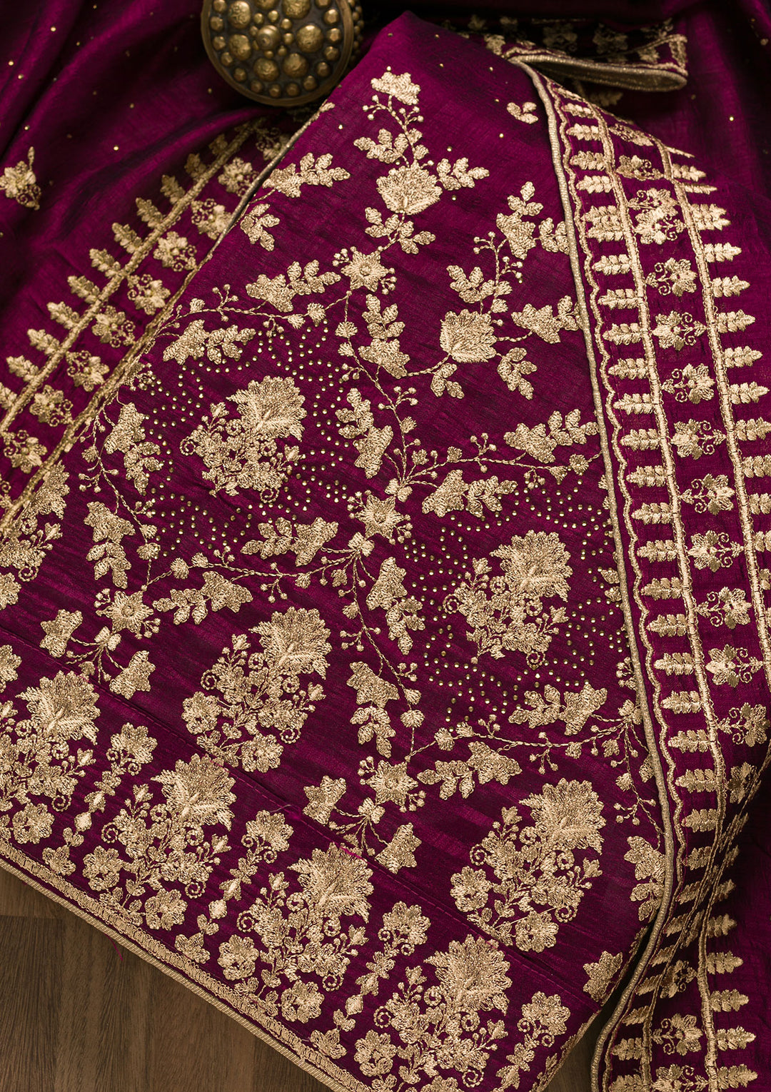 Wine Zariwork Raw Silk Unstitched Salwar Suit-Koskii